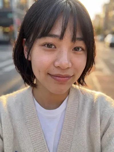 Golden-hour street selfie: a bob with bangs, a few small bumps on her cheeks.