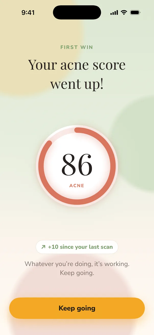 First win: your acne score went up, 86, plus 10 since your last scan.
